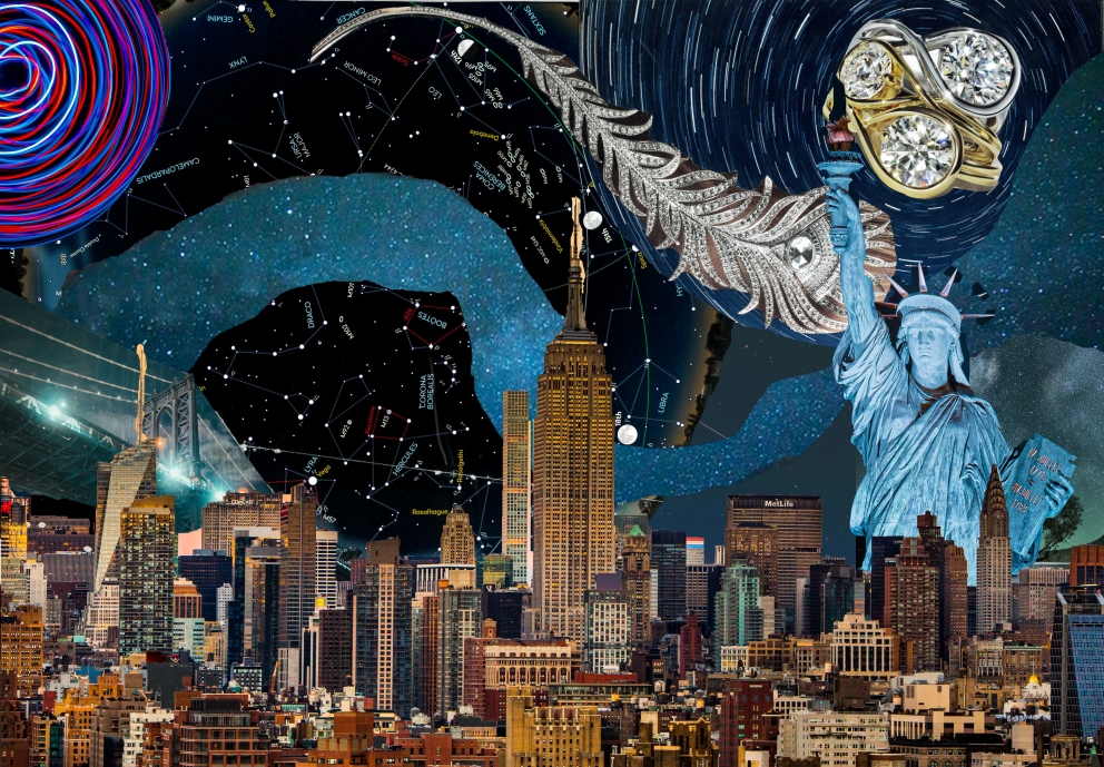 A digital collage showing the statue of liberty, a starry night sky and a city skyline.